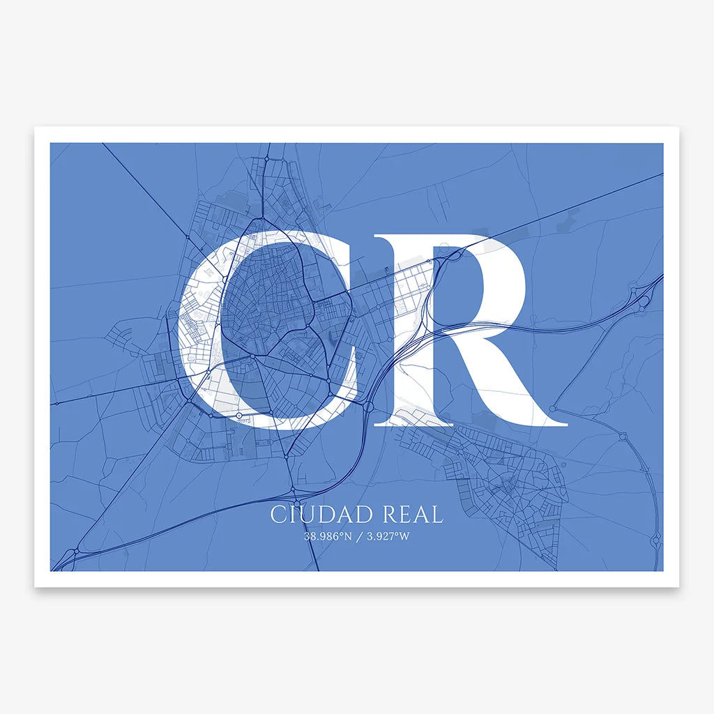 Decorative map of  composed with letters in serif font printed on navy blue and white
