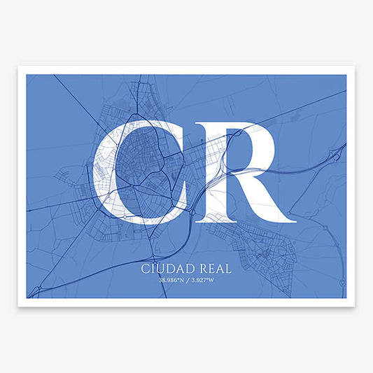 Decorative map of  composed with letters in serif font printed on navy blue and white