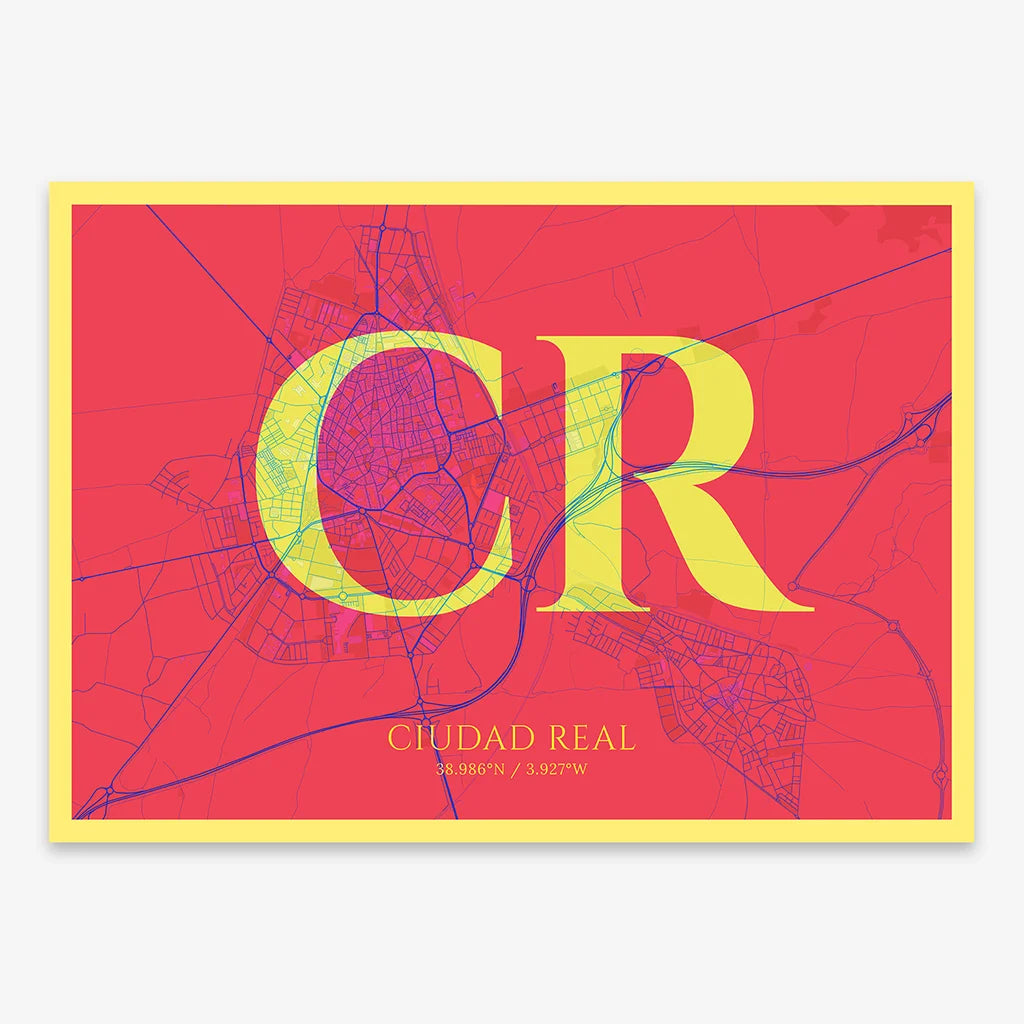Decorative map of  composed with letters in serif font printed on yellow and fuchsia
