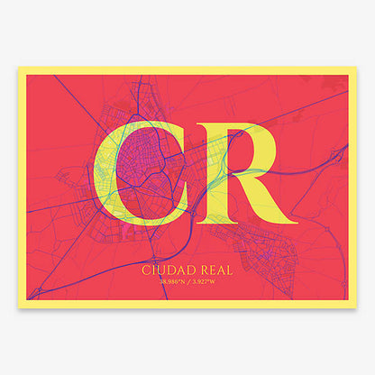 Decorative map of  composed with letters in serif font printed on yellow and fuchsia