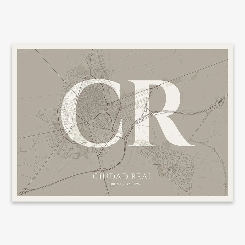 Decorative map of  composed with letters in serif font printed on light brown and an off-white background