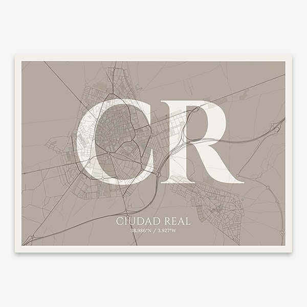 Decorative map of  composed with letters in serif font printed on light brown and an off-white background