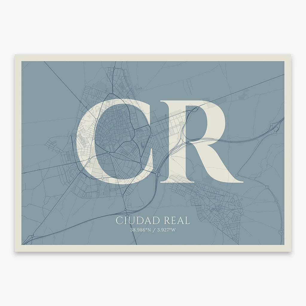 Decorative map of  composed with letters in serif font printed on bluish gray and an off-white background
