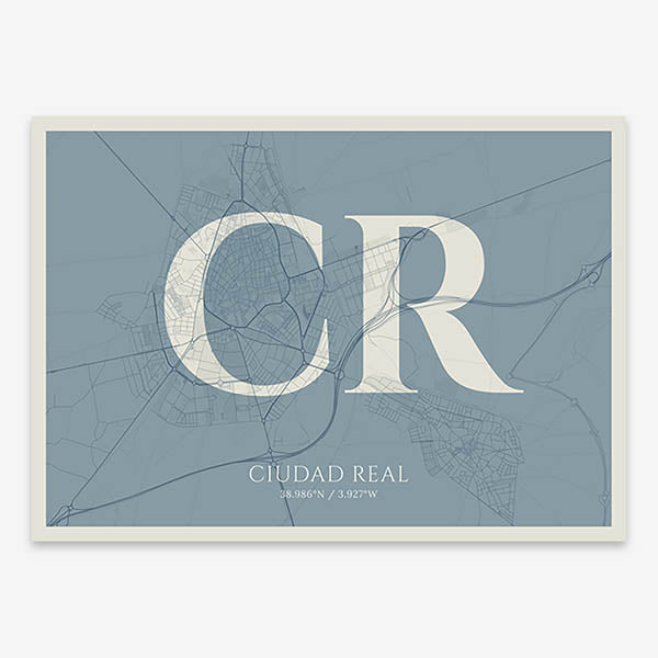 Decorative map of  composed with letters in serif font printed on bluish gray and an off-white background
