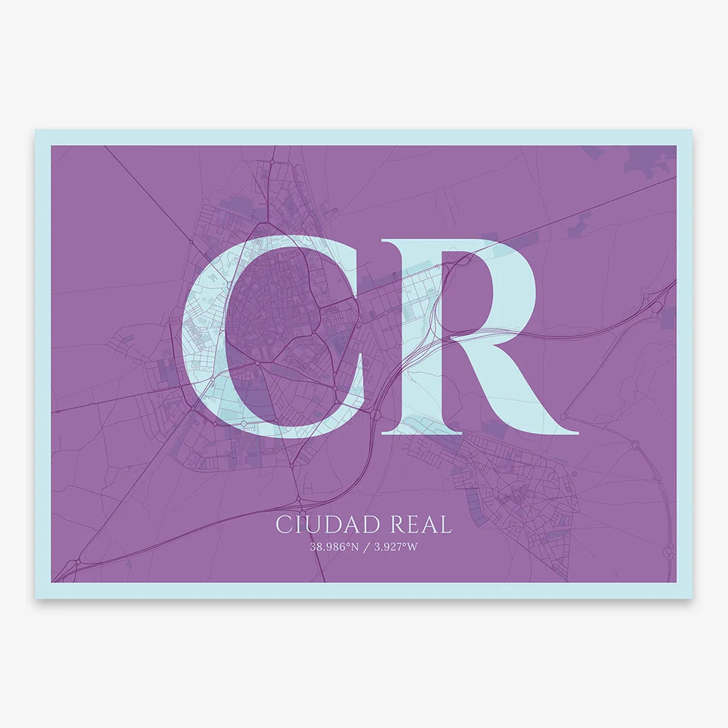 Decorative map of  composed with letters in serif font printed on purple and light blue