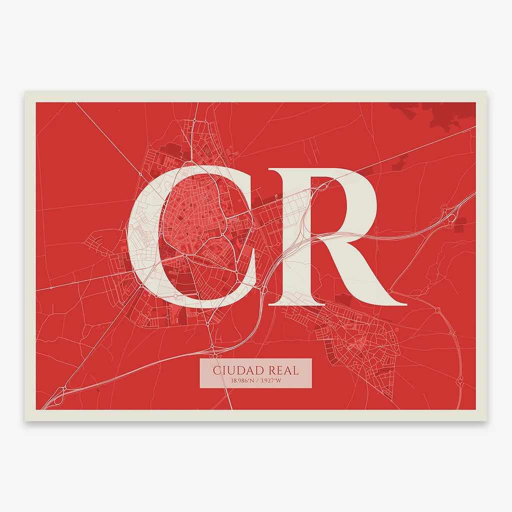 Decorative map of  composed with letters in serif font printed on red and an off-white background
