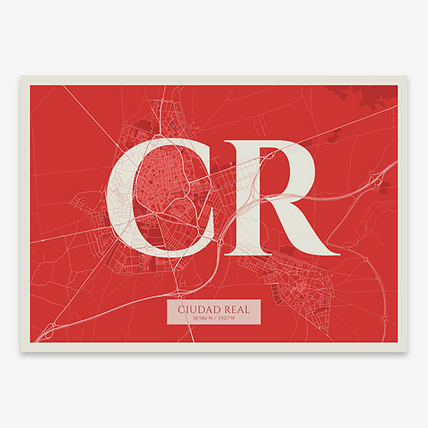 Decorative map of  composed with letters in serif font printed on red and an off-white background