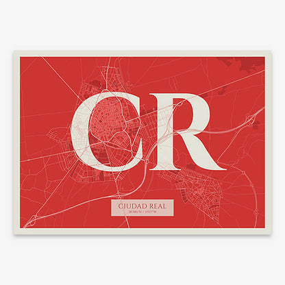 Decorative map of  composed with letters in serif font printed on red and an off-white background