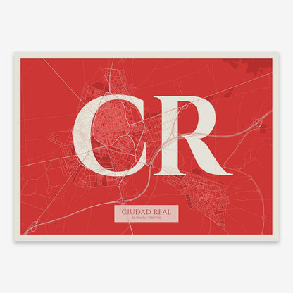 The map of Ciudad-Real composed with letters in serif font printed on red and an off-white background