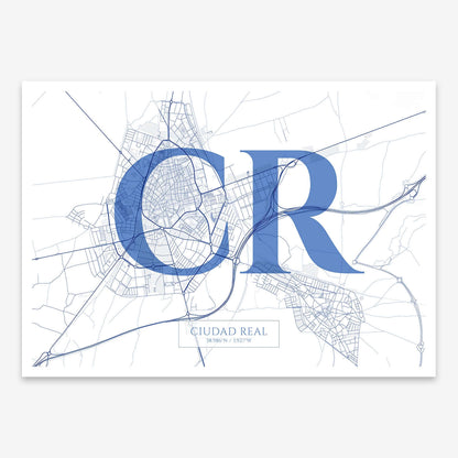 The map of Ciudad-Real composed with letters in serif font printed on navy blue and white