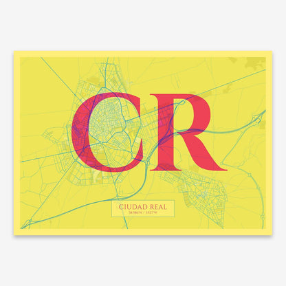 The map of Ciudad-Real composed with letters in serif font printed on yellow and fuchsia
