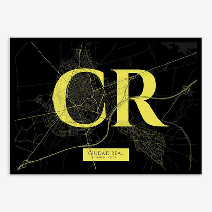 The map of Ciudad-Real composed with letters in serif font printed on black and yellow