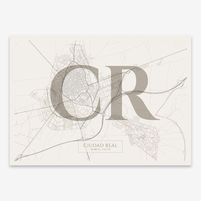 The map of Ciudad-Real composed with letters in serif font printed on light brown and an off-white background