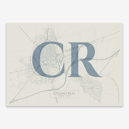 The map of Ciudad-Real composed with letters in serif font printed on bluish gray and an off-white background