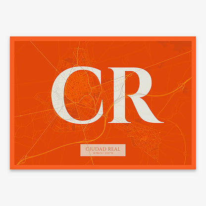 Decorative map of  composed with letters in serif font printed on orange and an off-white background