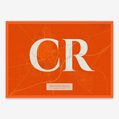 The map of Ciudad-Real composed with letters in serif font printed on orange and an off-white background