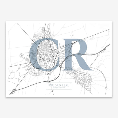 The map of Ciudad-Real composed with letters in serif font printed on black and white