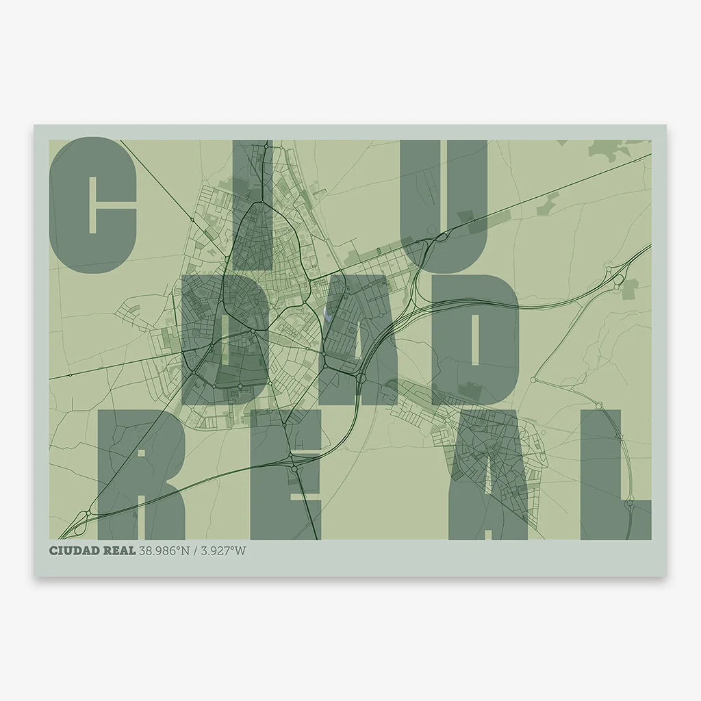 Decorative print of  with letters of its name placed randomly, designed in two green tones