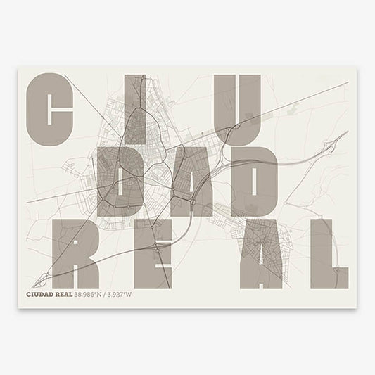 Decorative print of  with letters of its name placed randomly, designed in light brown and an off-white background