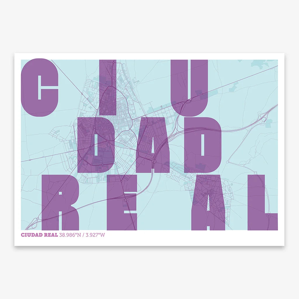 Decorative print of  with letters of its name placed randomly, designed in purple and light blue