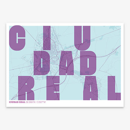 Decorative print of  with letters of its name placed randomly, designed in purple and light blue