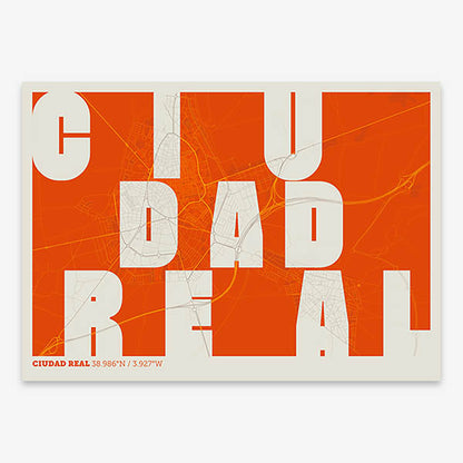 Decorative print of  with letters of its name placed randomly, designed in orange and an off-white background