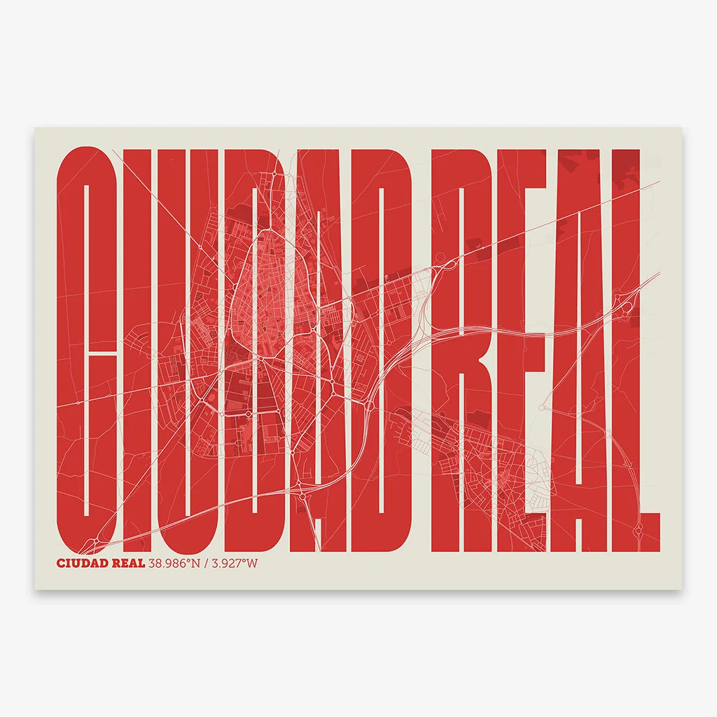 Decorative map of  and letters of its name in a giclée print designed in red and an off-white background