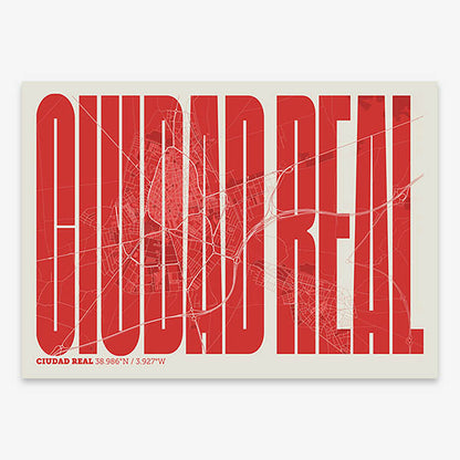 Decorative map of  and letters of its name in a giclée print designed in red and an off-white background