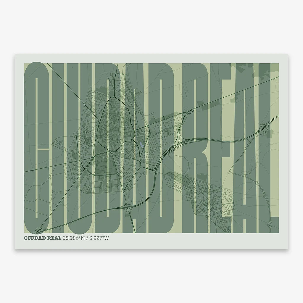 Decorative map of  and letters of its name in a giclée print designed in two green tones