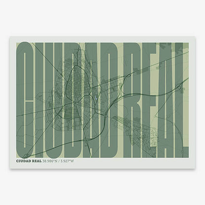 Decorative map of  and letters of its name in a giclée print designed in two green tones