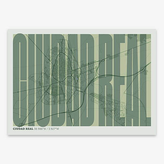 Decorative map of  and letters of its name in a giclée print designed in two green tones