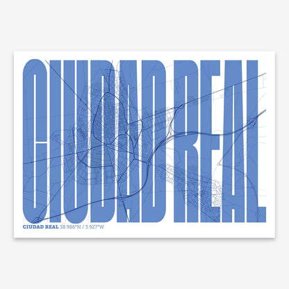 The map of Ciudad-Real and letters of its name in a giclée print designed in navy blue and white