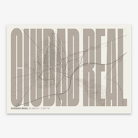 Decorative map of  and letters of its name in a giclée print designed in light brown and an off-white background