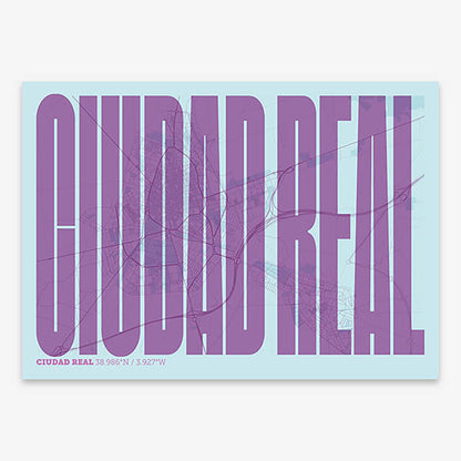 Decorative map of  and letters of its name in a giclée print designed in purple and light blue