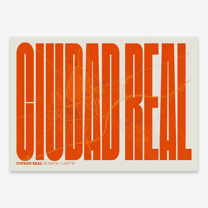 The map of Ciudad-Real and letters of its name in a giclée print designed in orange and an off-white background