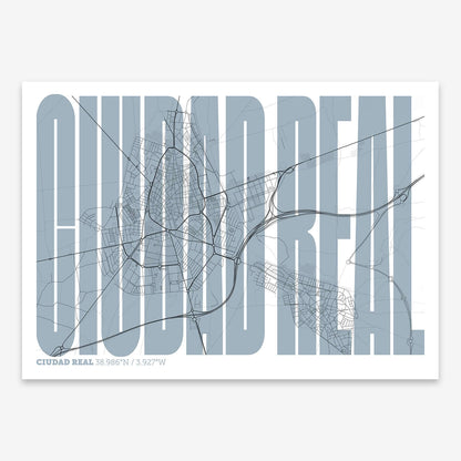 The map of Ciudad-Real and letters of its name in a giclée print designed in black and white