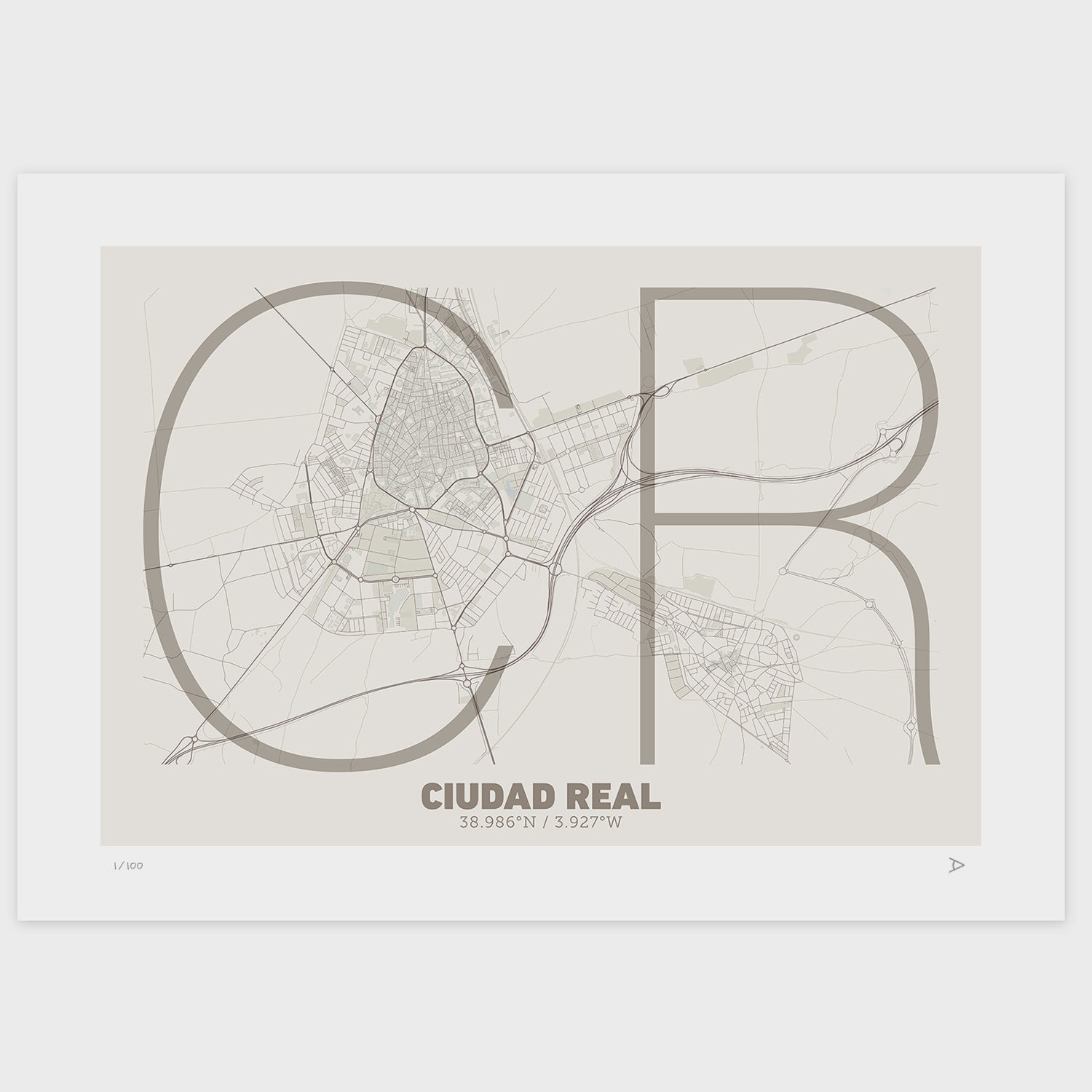 Lámina tipográfica de Ciudad Real – diseño Ultrafina, sin marco sobre papel