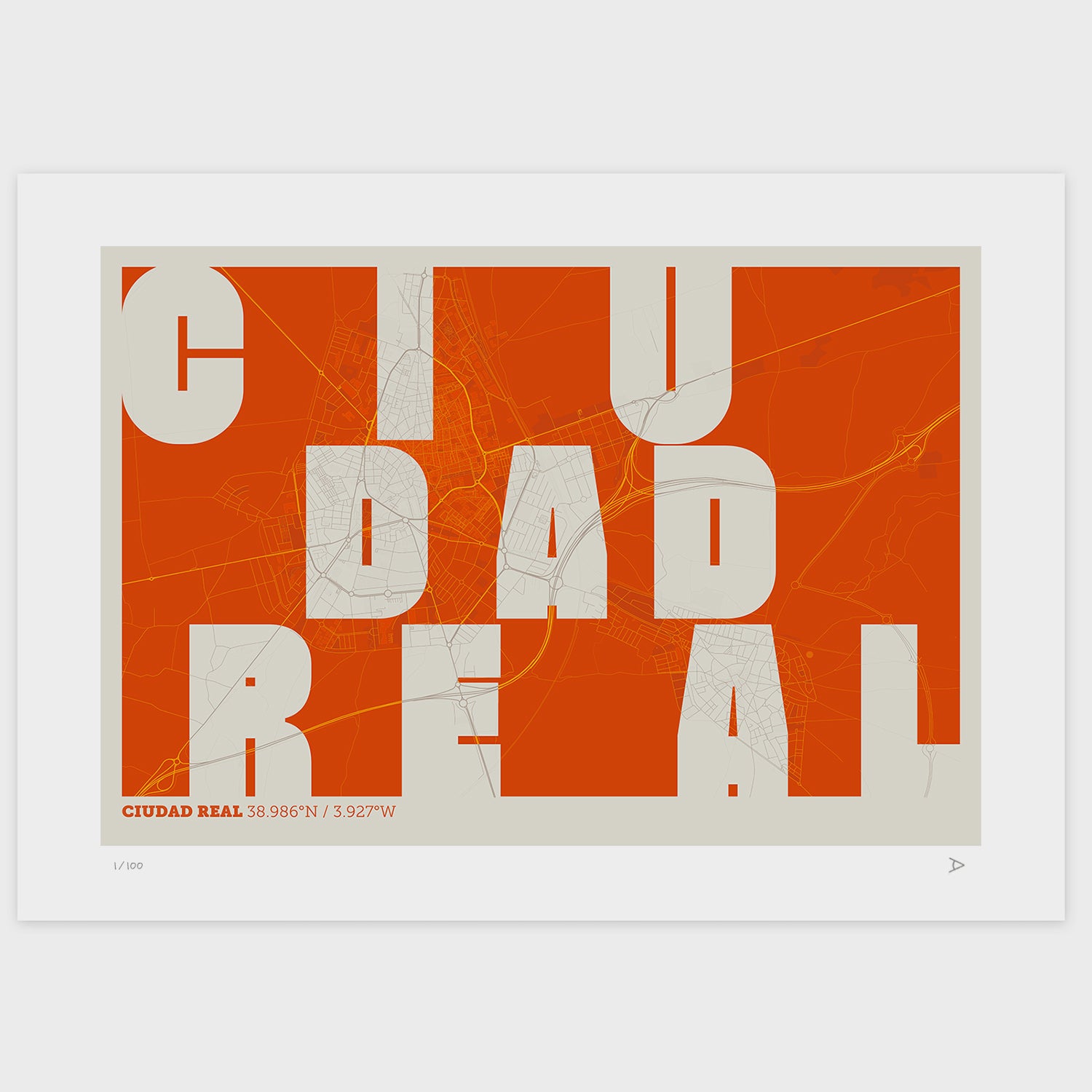 Lámina tipográfica de Ciudad Real – diseño Revoltosa, sin marco sobre papel