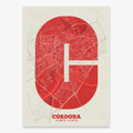 Decorative print of Cordoba composed with letters in a heavy geometric font printed on red and an off-white background