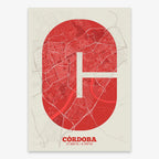 Decorative print of Cordoba composed with letters in a heavy geometric font printed on red and an off-white background