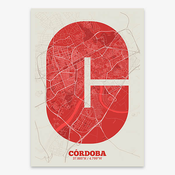 Decorative print of Cordoba composed with letters in a heavy geometric font printed on red and an off-white background