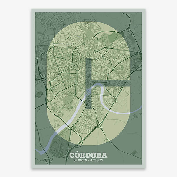 Decorative print of Cordoba composed with letters in a heavy geometric font printed on two green tones