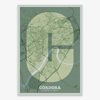 Decorative print of Cordoba composed with letters in a heavy geometric font printed on two green tones