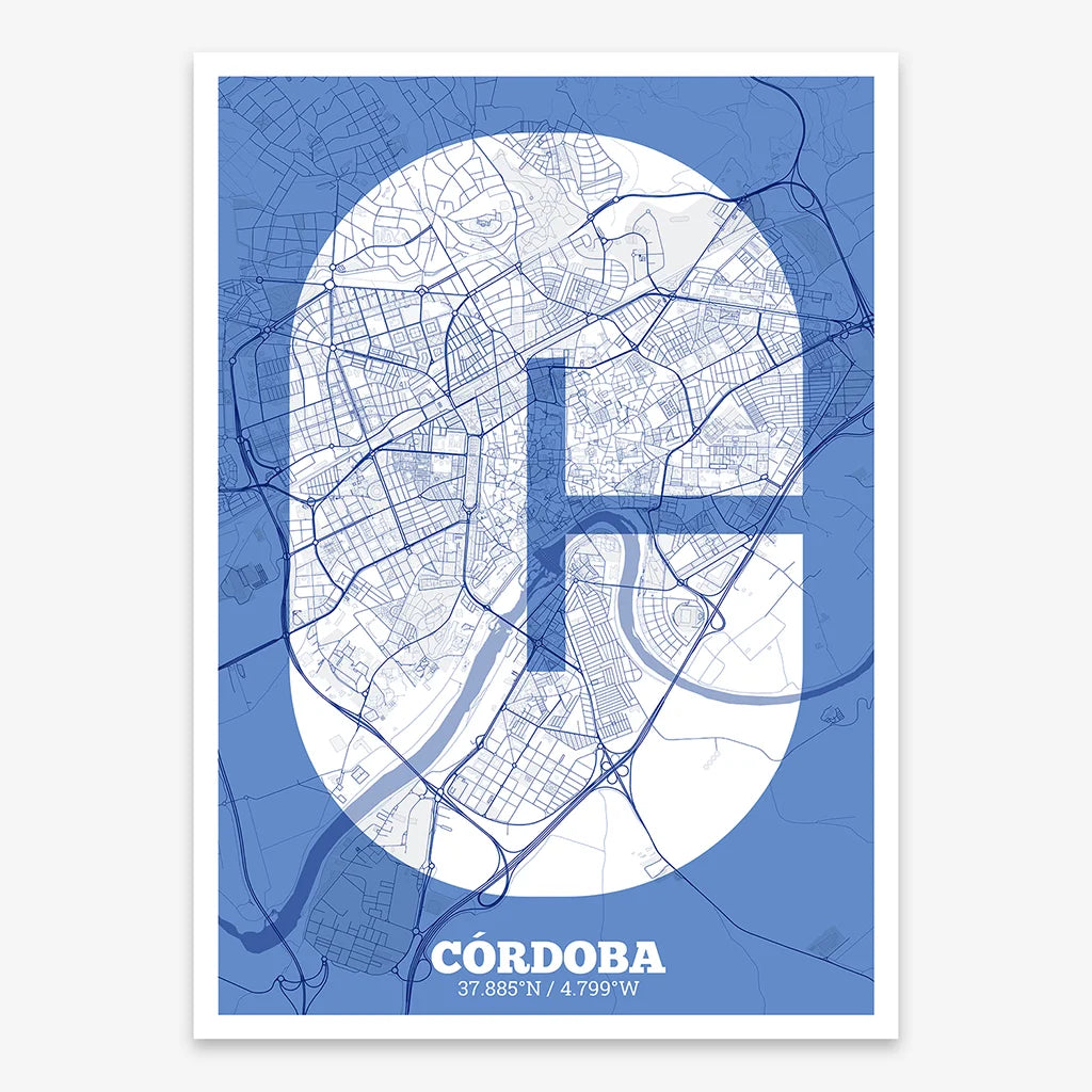 Decorative print of Cordoba composed with letters in a heavy geometric font printed on navy blue and white