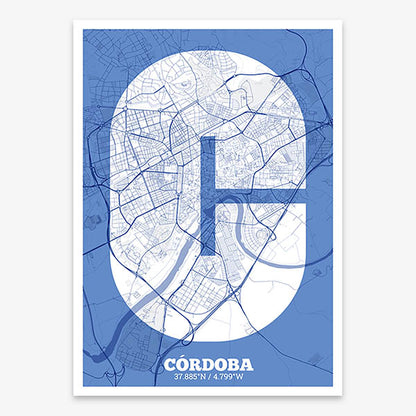 Decorative print of Cordoba composed with letters in a heavy geometric font printed on navy blue and white