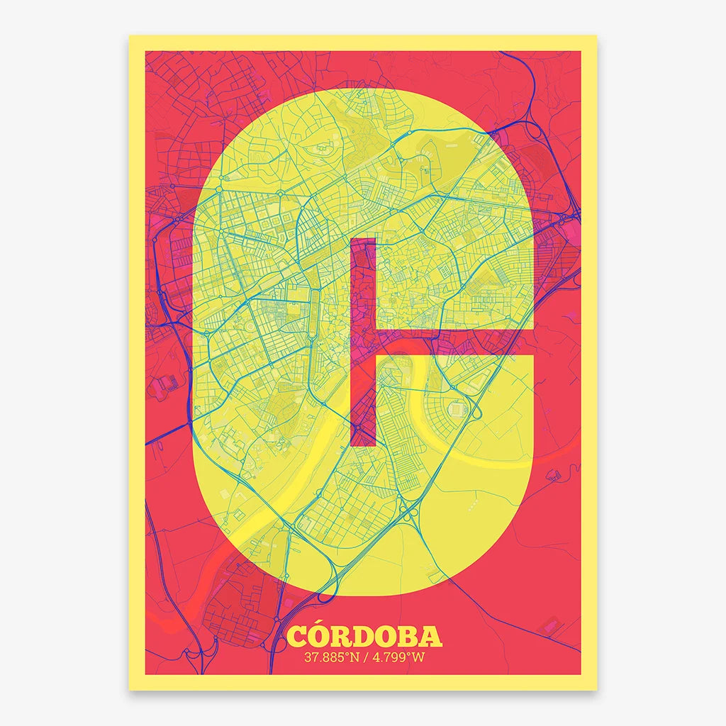 Decorative print of Cordoba composed with letters in a heavy geometric font printed on yellow and fuchsia