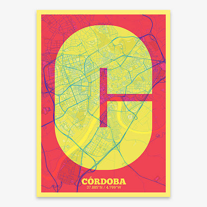Decorative print of Cordoba composed with letters in a heavy geometric font printed on yellow and fuchsia