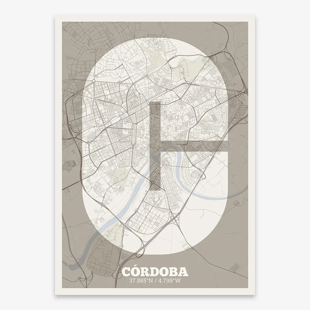 Decorative print of Cordoba composed with letters in a heavy geometric font printed on light brown and an off-white background