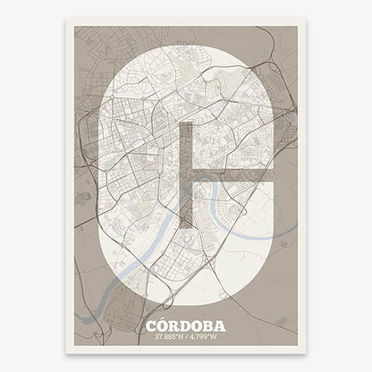 Decorative print of Cordoba composed with letters in a heavy geometric font printed on light brown and an off-white background