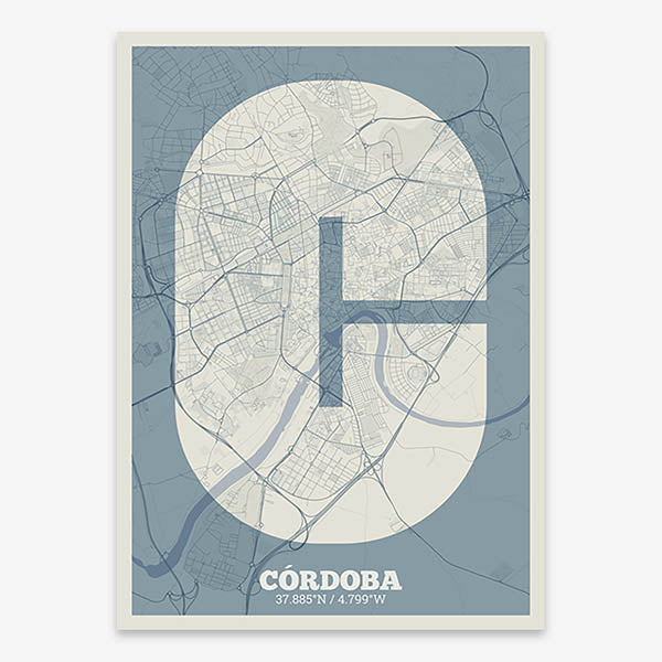 Decorative print of Cordoba composed with letters in a heavy geometric font printed on bluish gray and an off-white background